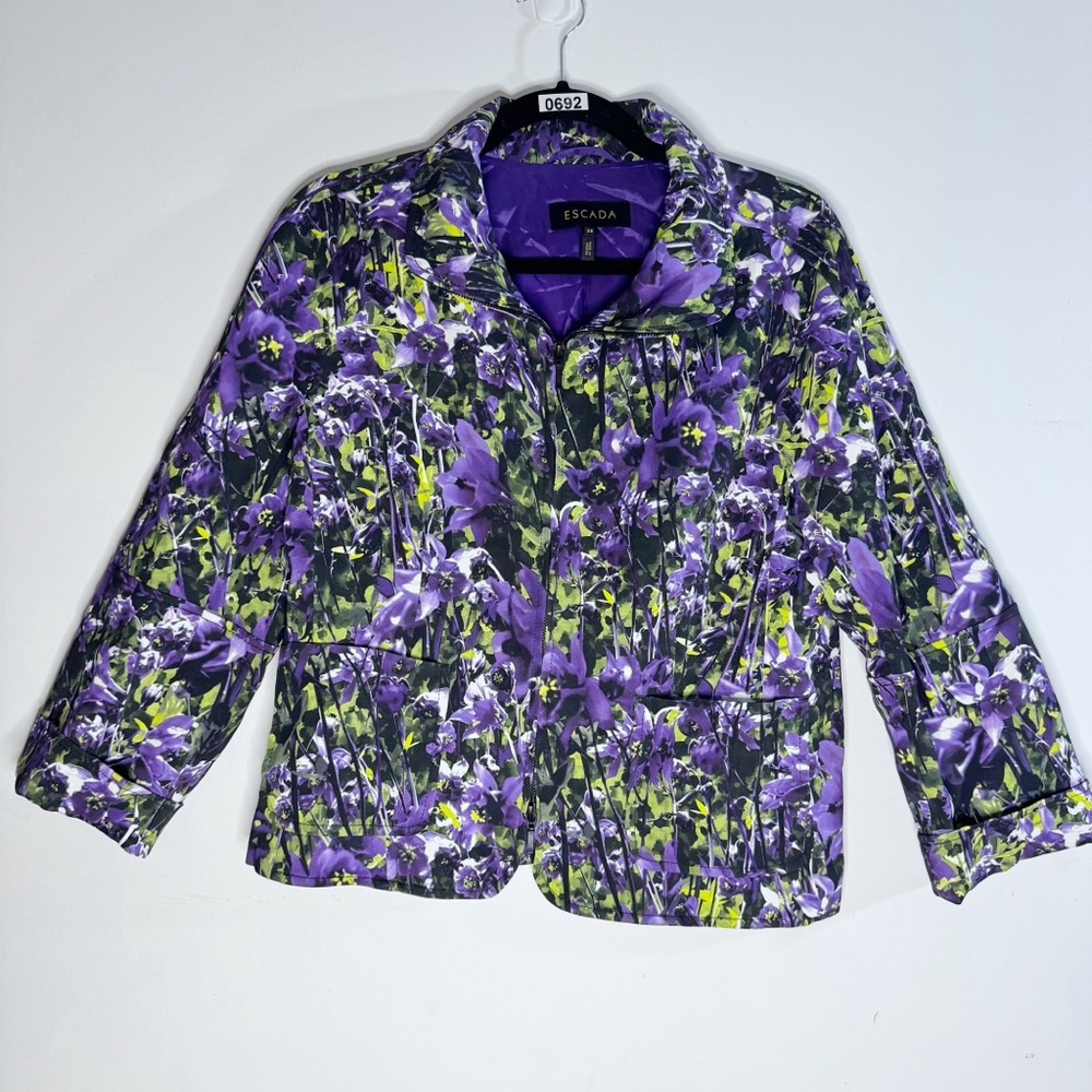 Escada Bigna Jacket Set Floral Purple Green EU38 US6 Designer Matching Set